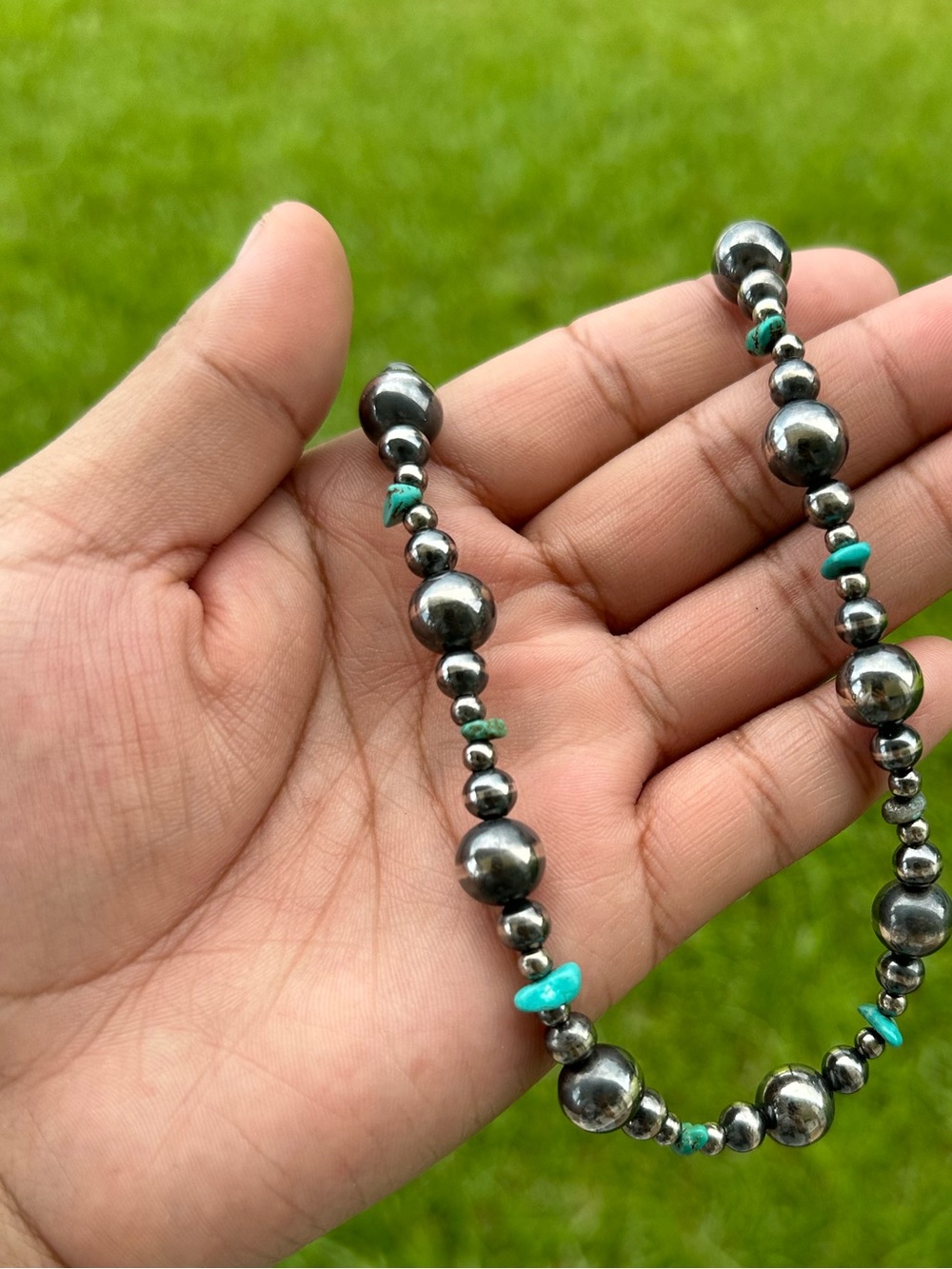 Sterling Hematite and Turquoise Bead Necklace - Silver Gray and Turquoise